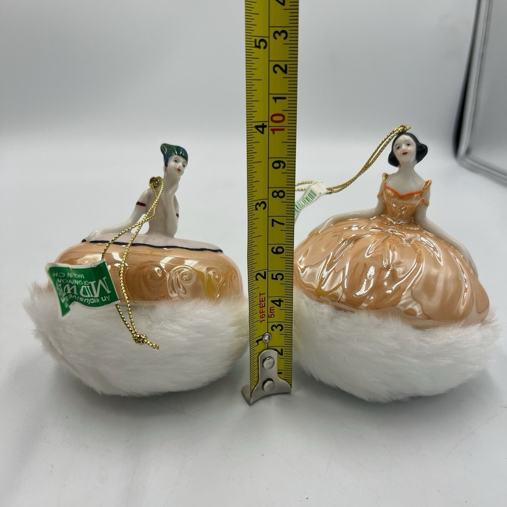 VTG Midwest Cannon Falls Porcelain Ornaments Set of 2 Lady & Harlequin NWT